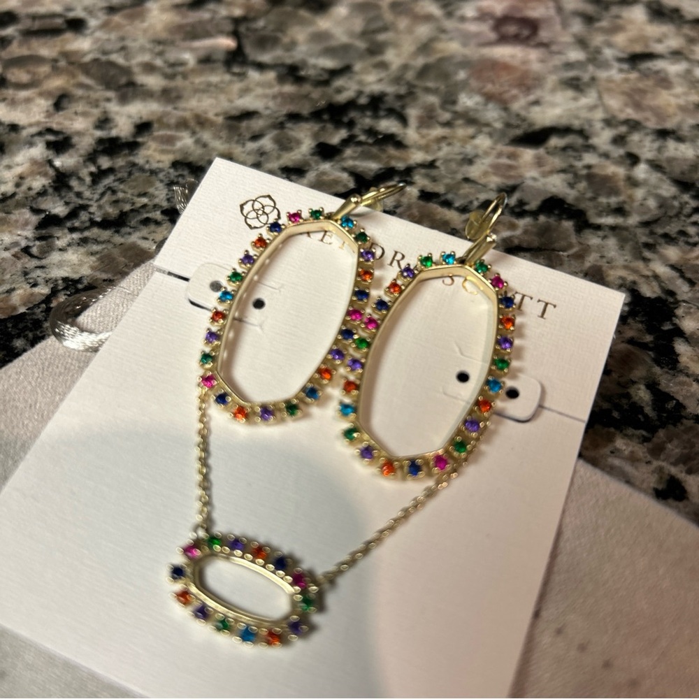 Kendra Scott Gold Multicolor Hoop Earrings and Necklace Open Frame-RARE!